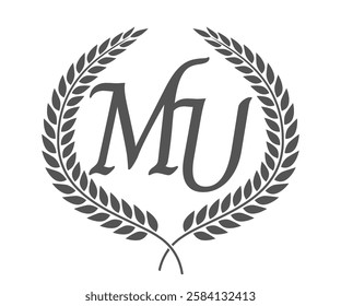 Initial letter M and U, MU monogram logo design with laurel wreath. Luxury calligraphy font.