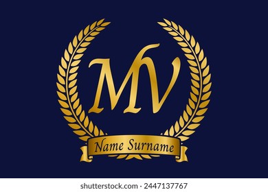 Letra inicial M y V, diseño del logotipo del monograma de MV con corona de laurel. Fuente de caligrafía dorada de lujo.