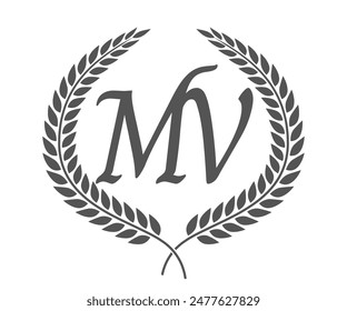 Letra inicial M y V, diseño del logotipo del monograma de MV con corona de laurel. Fuente de caligrafía de lujo.