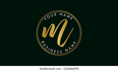 Initial letter M vector logo design template, Luxury cursive, brush calligraphy. bold script letter M m. Golden gold with circle shape outline, Isolated on black background.