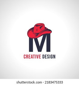 Initial Letter M Vector Logo Design with Red Cowboy Hat