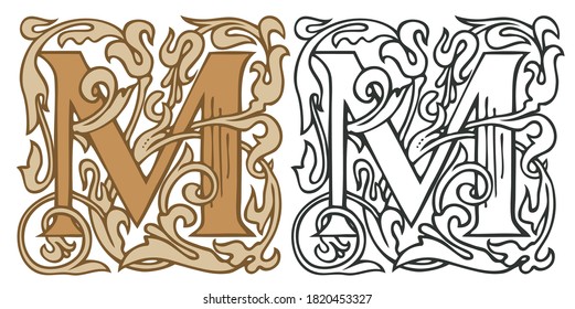 Initial letter M with vintage Baroque decorations. Two vector uppercase letters M in beige and black-white colors. Beautiful filigree capital letter to use for monogram, logo, emblem, card, invitation