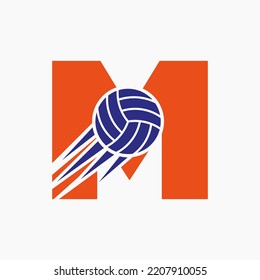 Initial Letter M Volleyball Logo Concept With Moving Volley Ball Icon. Volleyball Sports Logotype Symbol Vector Template