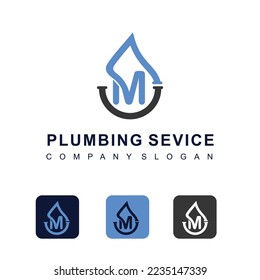 Letra inicial M con icono de forma de agua para la plantilla de diseño del logotipo comercial del servicio de fontanería