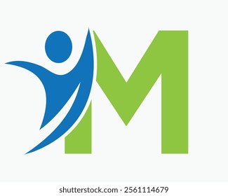 Initial Letter M Wellness Logo Concept With Human Symbol For Healthcare Sign Vector Template