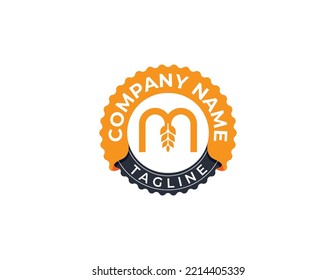 initial Letter M Wheat Grain Logo Stamp Badge Concept sign symbol icon Design Element.  Bakery Logotype. Vector illustration logo template