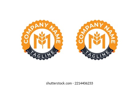 initial Letter M Wheat Grain Logo Stamp Badge Concept sign symbol icon Element Design. M with Leaf Logotype. Vector illustration logo template