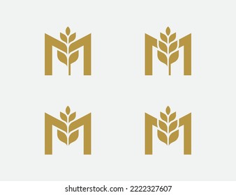 initial Letter M Wheat Grain Logo Stamp Badge Concept sign symbol icon Design Element. Agriculture, Plant, Bakery, Vegan, food, Harvest Logotype. Vector illustration logo template