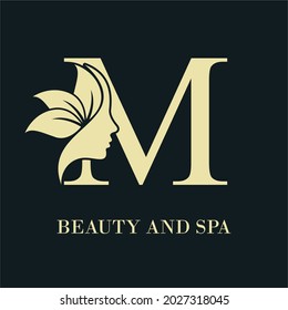 Initial Letter M With Woman Female Face and Leaves for Beauty Spa Cosmetic Salon and natural Skin care Business Logo Concept Design