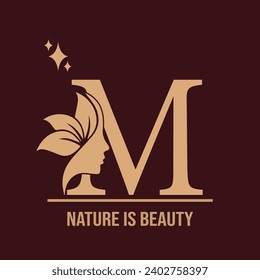 Initial Letter M With Woman Female Face and Leaves for Beauty Cosmetic and Fashion Business Logo Concept Design.