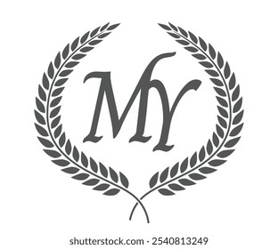 Initial letter M and Y, MY monogram logo design with laurel wreath. Luxury calligraphy font.