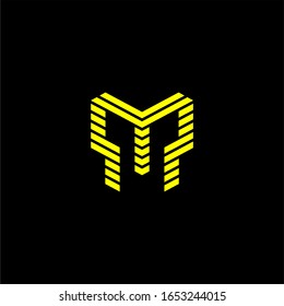 Initial letter M, Y or P logo template with geometric spartan helmet line art illustration in flat design monogram symbol