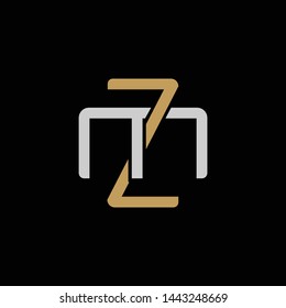 Initial letter M and Z, MZ, ZM, overlapping interlock logo, monogram line art style, silver gold on black background