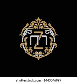 Initial letter M and Z, MZ, ZM, decorative ornament emblem badge, overlapping monogram logo, elegant luxury silver gold color on black background