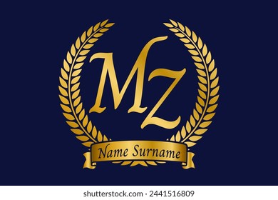 Anfangsbuchstabe M und Z, MZ-Monogramm-Logo-Design mit Lorbeerkranz. Luxuriöse goldene Kalligrafie Schriftart.