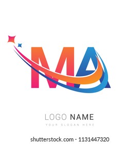 initial letter MA logotype company name colored orange, red and blue swoosh star design. vector logo for business and company identity.