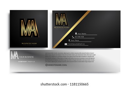 initial letter MA logotype company name colored gold elegant design. Vector sets for business identity on black background.