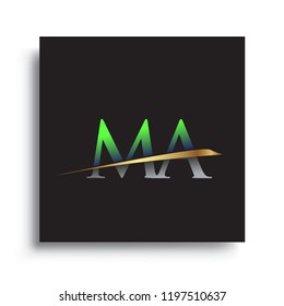 initial letter MA logotype company name colored green and gold swoosh design. vector logo for business and company
