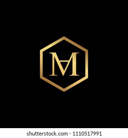 Initial letter MA AM minimalist art hexagon shape logo, gold color on black background