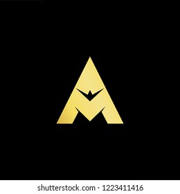 Initial letter AM MA minimalist art logo, gold color on black background.