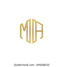 Initial letter MA, minimalist line art hexagon shape logo, gold color
