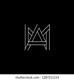 Initial letter AM MA minimalist monogram art logo, white color on black background.