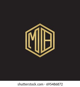 Initial letter MB, minimalist line art hexagon logo, gold color on black background