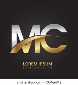 initial letter MC logotype company name colored gold and silver swoosh design. isolated on black background.