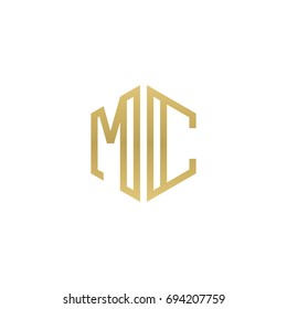 Letra inicial MC, logotipo de forma hexagonal de línea minimalista, color dorado