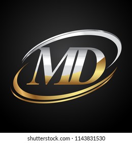 initial letter MD logotype company name colored gold and silver swoosh design. isolated on black background.