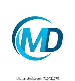 initial letter MD logotype company name blue circle and swoosh design. vector logo for business and company identity.