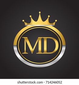 initial letter MD logotype company name with oval shape and crown, gold and silver color. vector logo for business and company identity.