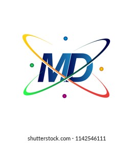 initial letter MD logotype science icon colored blue, red, green and yellow swoosh design. vector logo for business and company identity.
