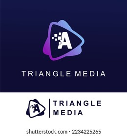 Initial Letter A with Media Play Icon and Pixel for Media Button Information Technology Logo Design Template