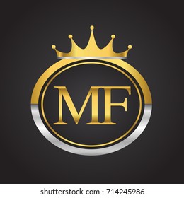 initial letter MF logotype company name with oval shape and crown, gold and silver color. vector logo for business and company identity.