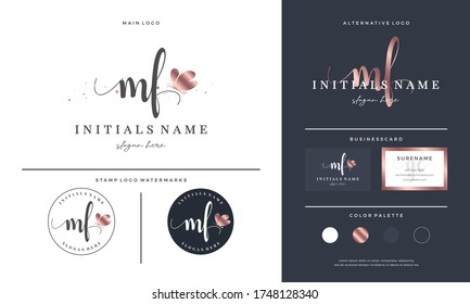 initial letter MF M F handwriting logo design with butterfly. Feminine branding for beauty salon, massage, cosmetics or spa.