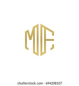 Initial letter MF, minimalist line art hexagon shape logo, gold color