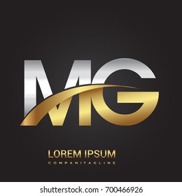 initial letter MG logotype company name colored gold and silver swoosh design. isolated on black background.