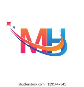 initial letter MH logotype company name colored orange, red and blue swoosh star design. vector logo for business and company identity.