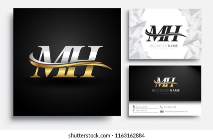 initial letter MH logotype company name colored gold and silver swoosh design. Vector sets for business identity on white background.