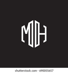 Initial letter MH, minimalist line art monogram hexagon shape logo, white color on black background