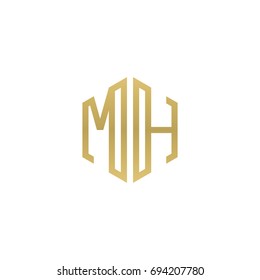 Initial letter MH, minimalist line art hexagon shape logo, gold color