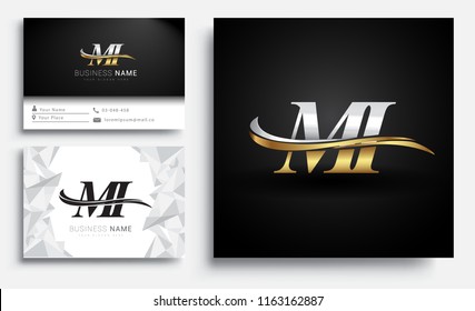 initial letter MI logotype company name colored gold and silver swoosh design. Vector sets for business identity on white background.