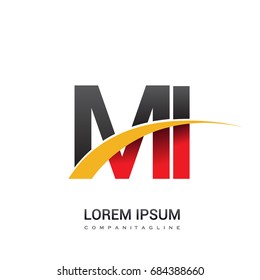 initial letter MI logotype company name colored red, black and yellow swoosh design. isolated on white background.
