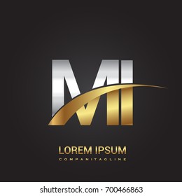 initial letter MI logotype company name colored gold and silver swoosh design. isolated on black background.