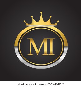 initial letter MI logotype company name with oval shape and crown, gold and silver color. vector logo for business and company identity.