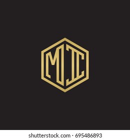 Initial letter MI, minimalist line art hexagon logo, gold color on black background