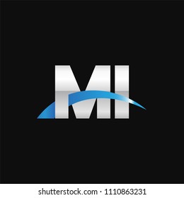 Initial letter MI, overlapping movement swoosh logo, metal silver blue color on black background