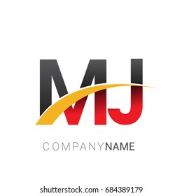 initial letter MJ logotype company name colored red, black and yellow swoosh design. isolated on white background
