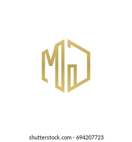 Initial letter MJ, minimalist line art hexagon shape logo, gold color